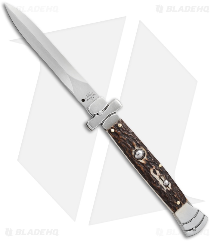 AGA Campolin 9" Maltese Cross Stiletto Automatic Stag Horn (4" Satin Dagger)