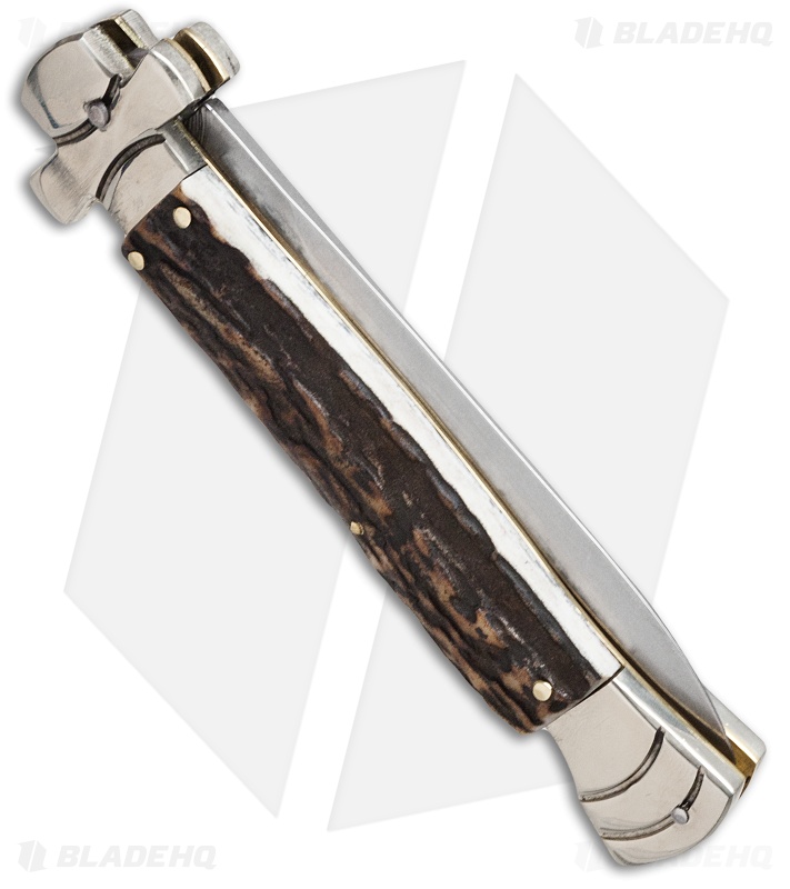 AGA Campolin 9" Maltese Cross Stiletto Automatic Stag Horn (4" Satin Dagger)
