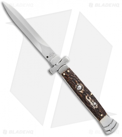 AGA Campolin 9" Maltese Cross Stiletto Automatic Stag Horn (4" Satin Dagger)