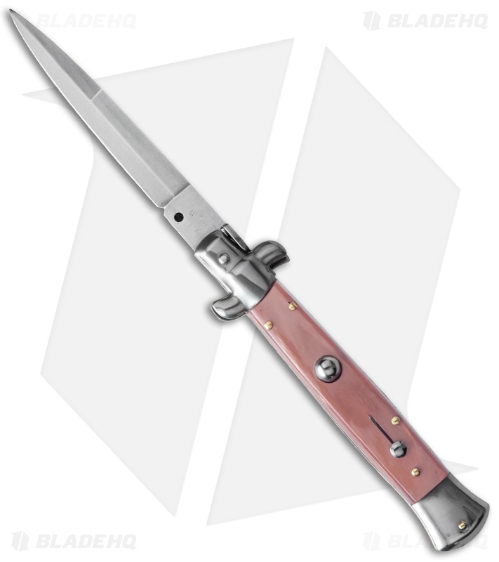 SKM 9" Italian Stiletto Automatic Knife Pink Pearlex (4" Satin Bayonet)