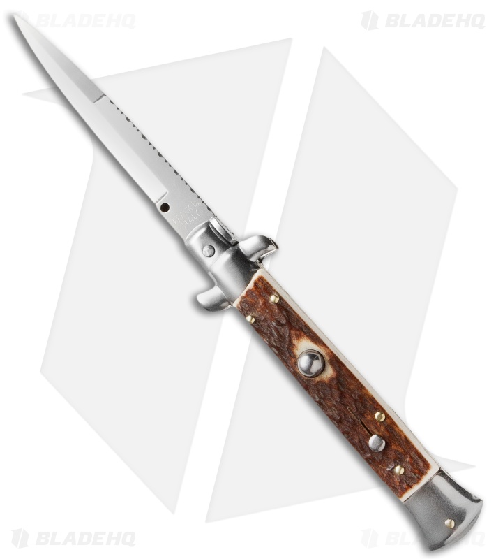 Frank B 9" Italian Stiletto Automatic Knife Stag w/ Filework (4" Polish Bayo)