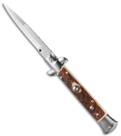 Frank B 9" Italian Stiletto Automatic Knife Stag w/ Filework (4" Polish Bayo)