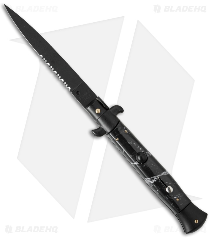 Frank B 9" Italian Stiletto Automatic Knife Black Marble (4" Black Serr)