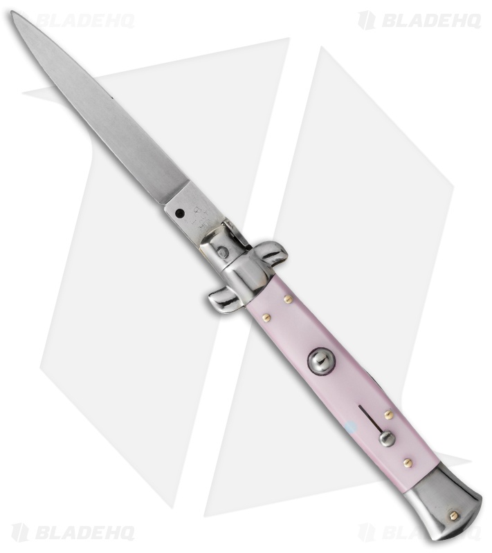 SKM 9" Italian Stiletto Automatic Knife Pink Pearlex (4" Satin Flat)