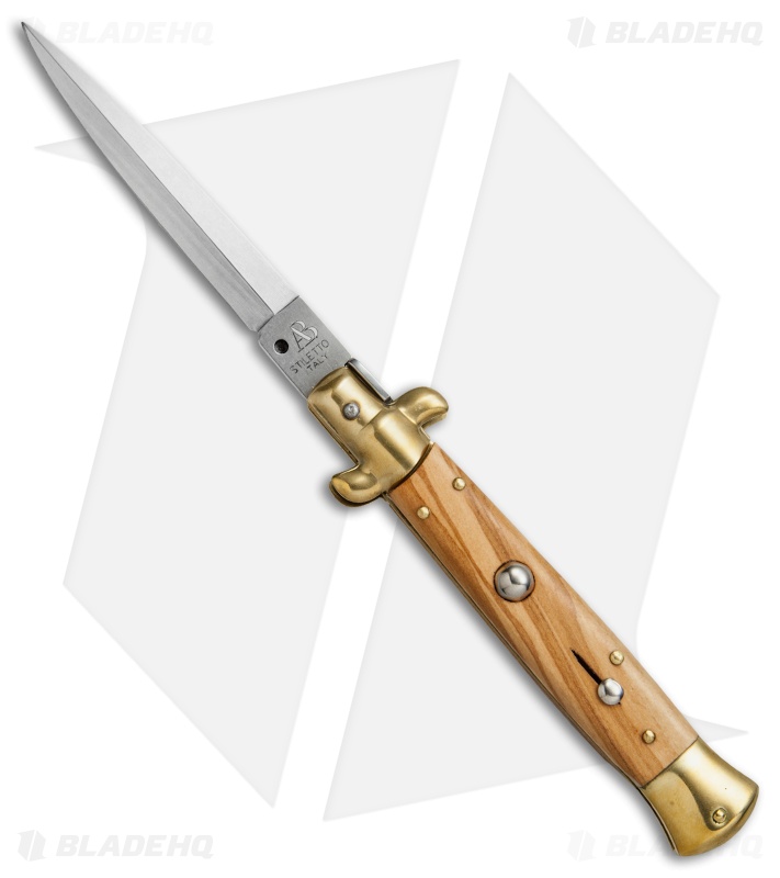SKM AB 9" Italian Stiletto Automatic Knife Brass/Olive Wood (4" Satin Dagger)