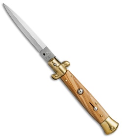 SKM AB 9" Italian Stiletto Automatic Knife Brass/Olive Wood (4" Satin Dagger)