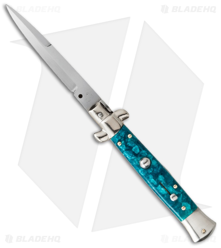 SKM AB 9" Italian Stiletto Automatic Knife Turquoise Acrylic (3.8" Satin Bayo)