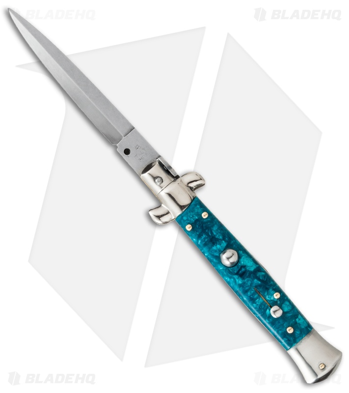 SKM AB 9" Italian Stiletto Automatic Knife Turquoise Acrylic (3.8" Satin Dagger)