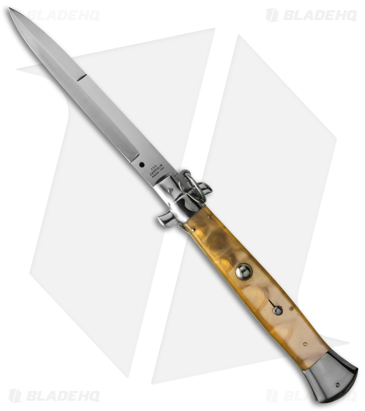 AGA Campolin 15" Ring Pull Automatic Italian Stiletto Knife Gold (7" Satin Bayo)