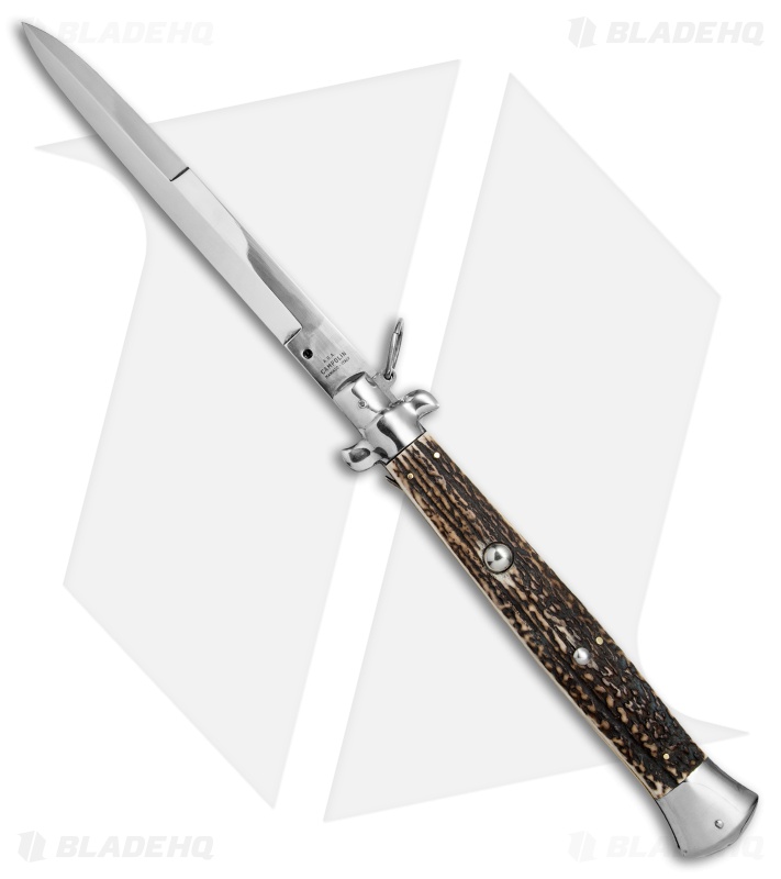 AGA Campolin 18" Ring Pull Automatic Italian Stiletto Stag Horn (8" Satin Bayo)