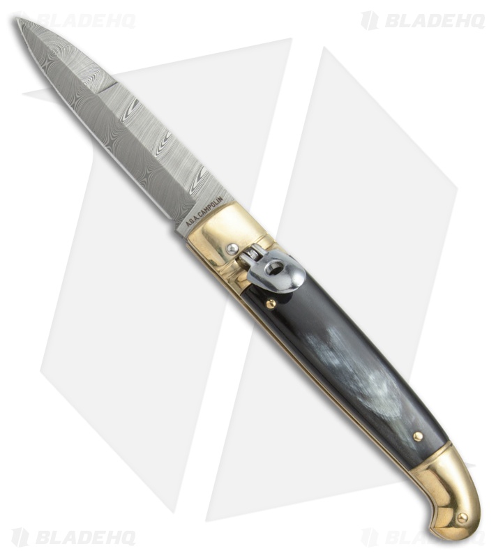 AGA Campolin Brass Lever Lock Automatic Knife Dark Horn  (3.75" Damascus)