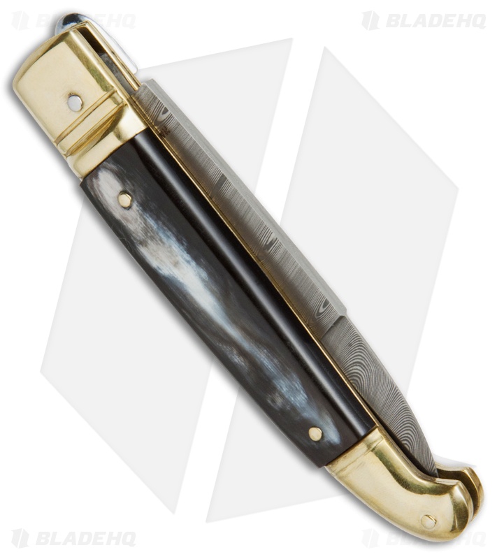 AGA Campolin Brass Lever Lock Automatic Knife Dark Horn  (3.75" Damascus)
