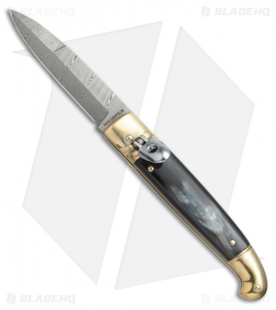 AGA Campolin Brass Lever Lock Automatic Knife Dark Horn  (3.75" Damascus)