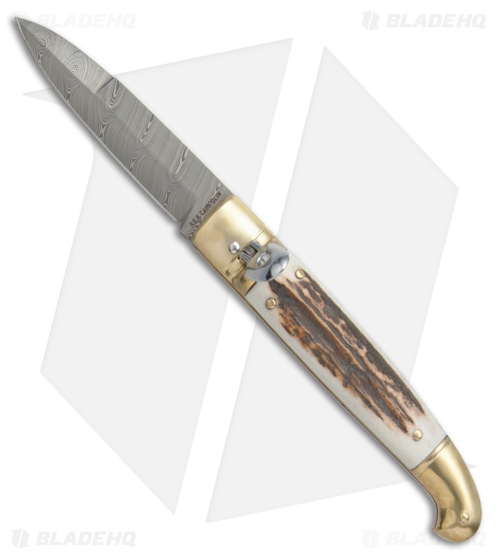 AGA Campolin Brass Lever Lock Automatic Knife Stag Horn  (3.75" Damascus)