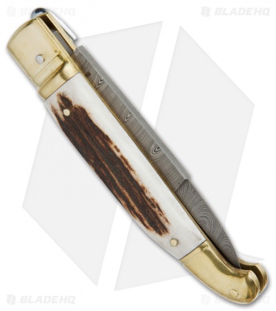 AGA Campolin Brass Lever Lock Automatic Knife Stag Horn  (3.75" Damascus)