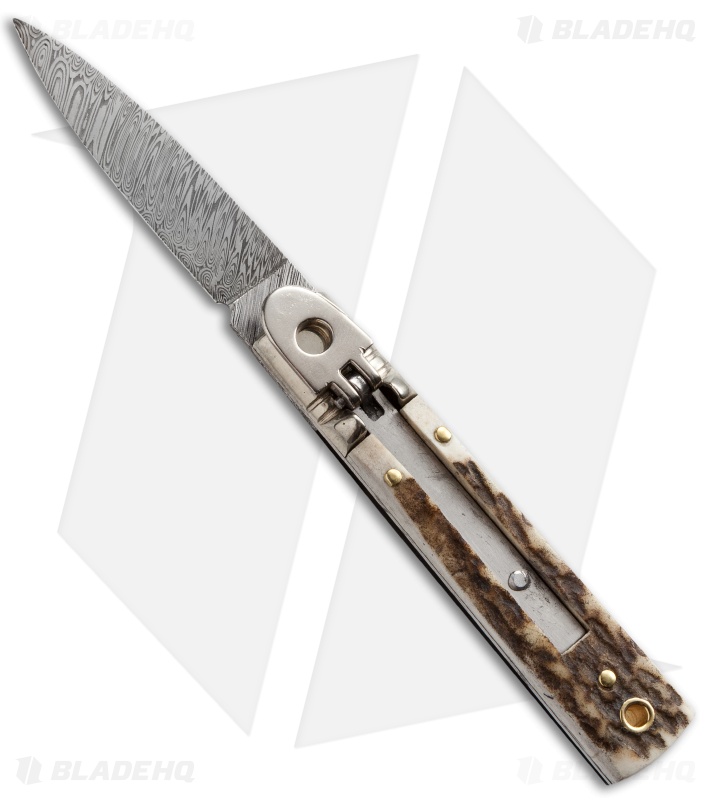 AKC Classic 6" Lever Lock Automatic Italian Knife Stag Horn (2.5" Damascus)