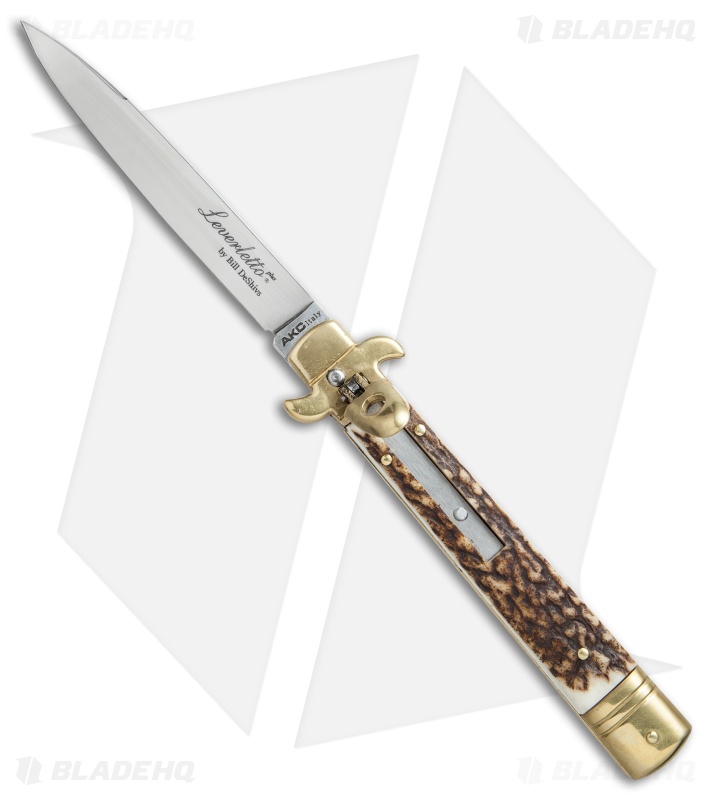 AKC Leverletto  9" Lever Lock  Auto Italian Knife Brass/Stag Horn (4" Satin)