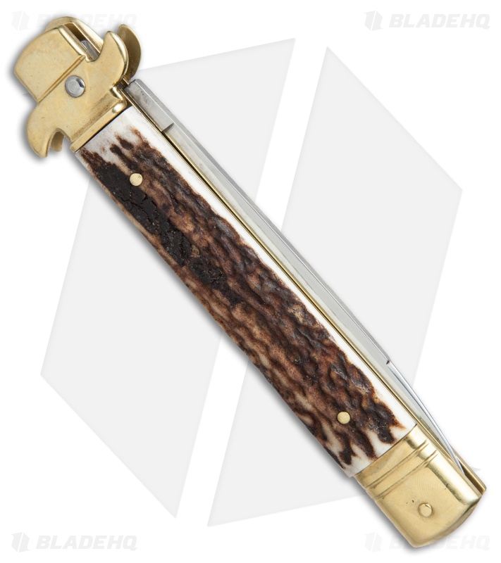 AKC Leverletto  9" Lever Lock  Auto Italian Knife Brass/Stag Horn (4" Satin)