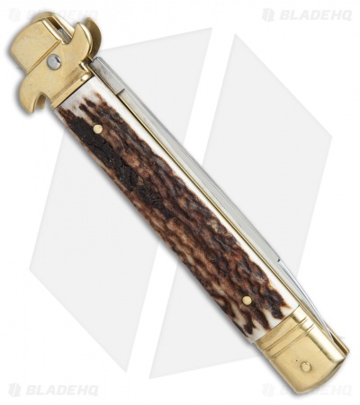 AKC Leverletto  9" Lever Lock  Auto Italian Knife Brass/Stag Horn (4" Satin)