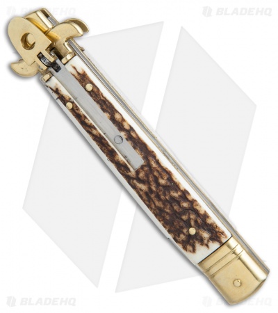 AKC Leverletto  9" Lever Lock  Auto Italian Knife Brass/Stag Horn (4" Satin)
