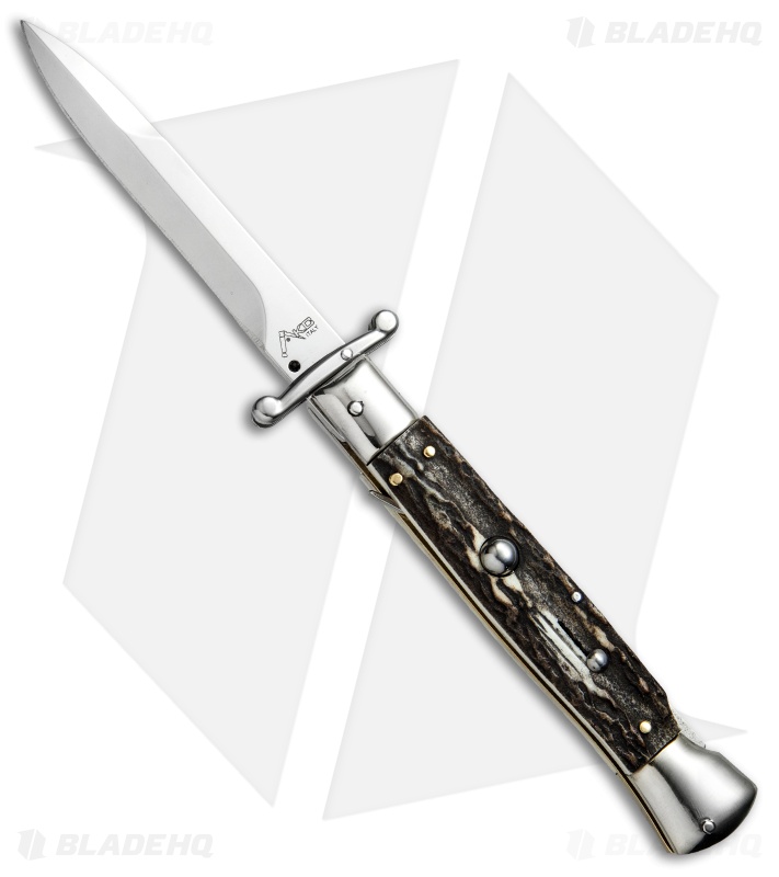 AKC World Swinguard 9" Automatic Italian Stiletto Stag Horn Bayo (4" Polish)