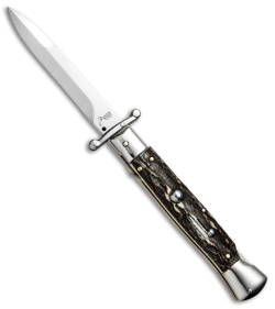 AKC World Swinguard 9" Automatic Italian Stiletto Stag Horn Bayo (4" Polish)