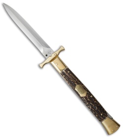 AGA Campolin 13" Bat Swinguard Automatic Knife Brass/Stag Horn (5.75" Dagger)