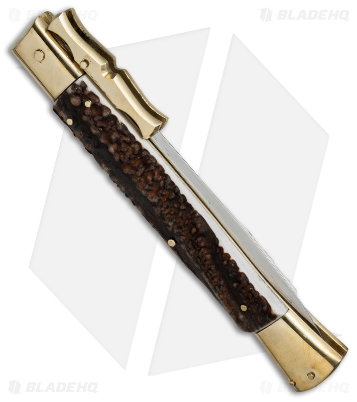 AGA Campolin 13" Bat Swinguard Automatic Knife Brass/Stag Horn (5.75" Dagger)