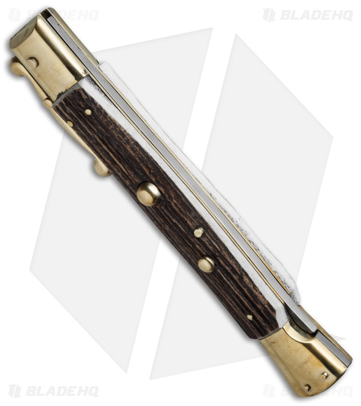 AGA Campolin 13" Swinguard Automatic Knife Brass/Stag Horn (5.75" Satin Kriss)