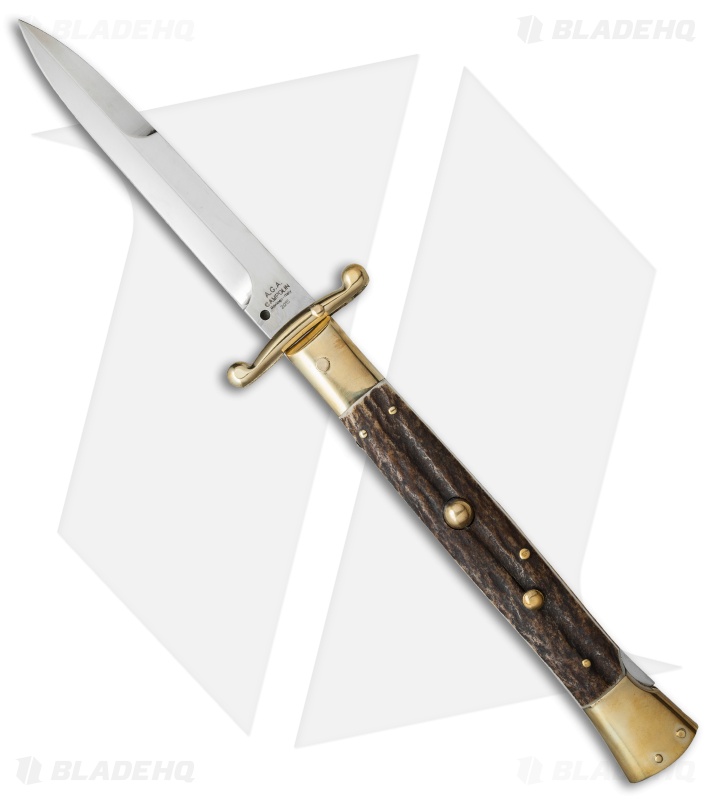 AGA Campolin 13" Swinguard Automatic Knife Brass/Stag Horn (5.75" Satin Bayo)