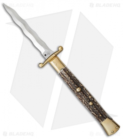 AGA Campolin 13" Swinguard Automatic Knife Brass/Stag Horn (5.75" Satin Kriss)