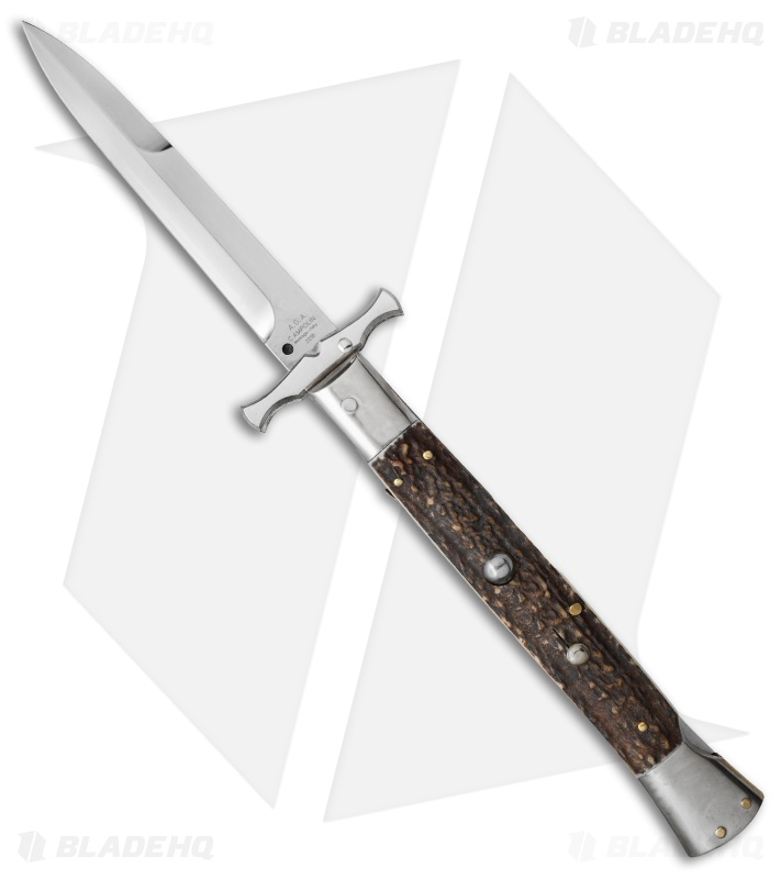 AGA Campolin 13" Bat Swinguard Automatic Knife Stag Horn (5.75" Satin Bayo)