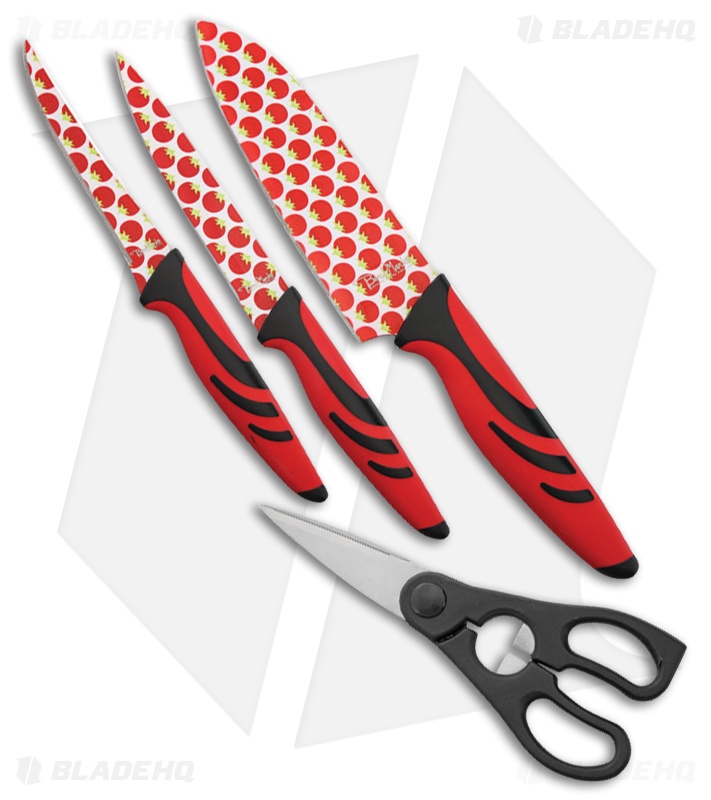 Benchmark 5 Piece Kitchen Knife Set Red Black Rubber Blade Hq