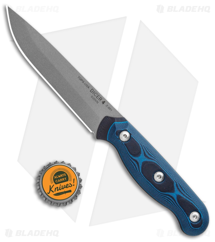 TOPS Knives Dicer 4 Drop Point Steak Knife Black/Blue G-10 (4.38" Tumbled S35VN)