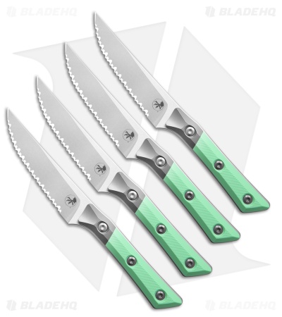 Microtech 4pc Steak Knife Fixed Blade Set Caribbean Blue G10 (4.50" SW Serrated)