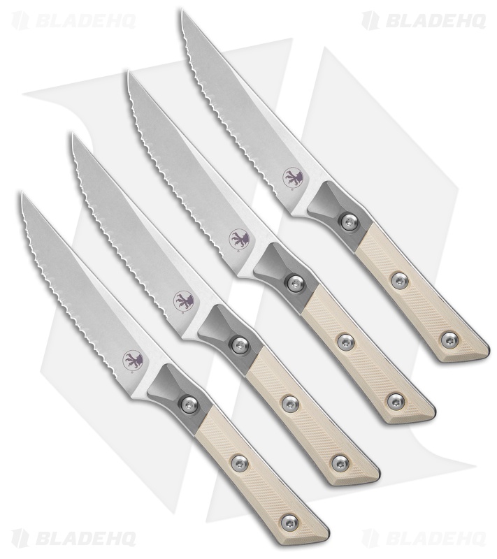 Microtech 4pc Steak Knife Fixed Blade Set Ivory G10 (4.50" Stonewash Serrated)