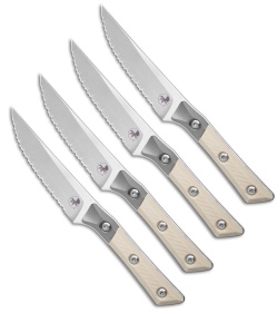 Microtech 4pc Steak Knife Fixed Blade Set Ivory G10 (4.50" Stonewash Serrated)