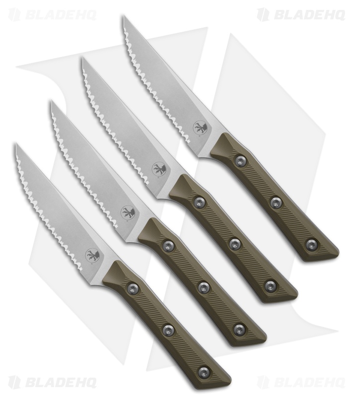 Microtech 4pc Steak Knife Fixed Blade Set OD Green G-10 (4.50" SW Serrated)