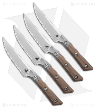 Microtech 4pc Steak Knife Fixed Blade Set Tan G10 (4.50" Stonewash Serrated)