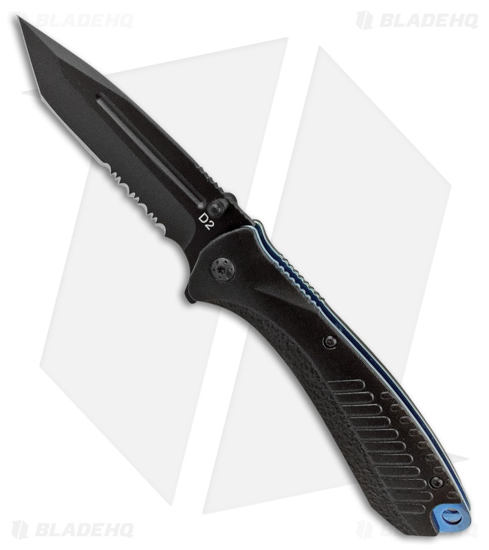 ABKT Elite Blue Tracer Liner Lock Knife Black Aluminum (4" Black Serr)