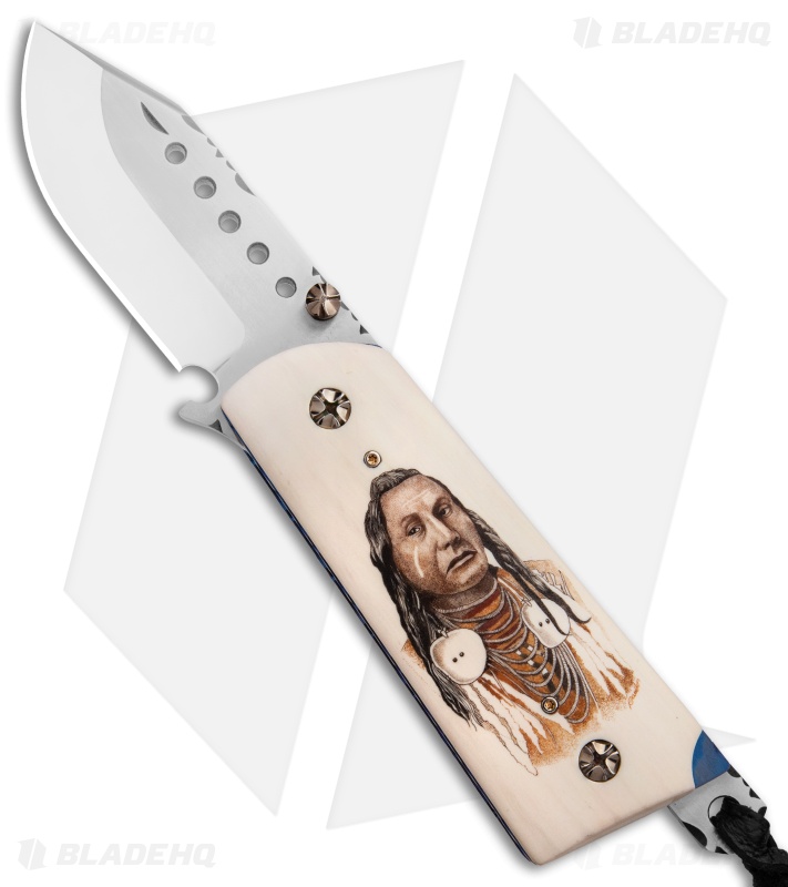 Baskett Custom Knives Colt 45 Folding Knife Mammoth Ivory Scrimshaw (3" Mirror)