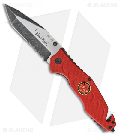Benchmark Firefighter Rescue Liner Lock Knife Red G-10 (3.5" Two-Tone Serr)
