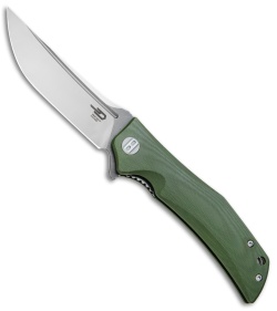 Bestech Knives Scimitar Liner Lock Knife Green G-10 (3.75" Satin, Gray)  