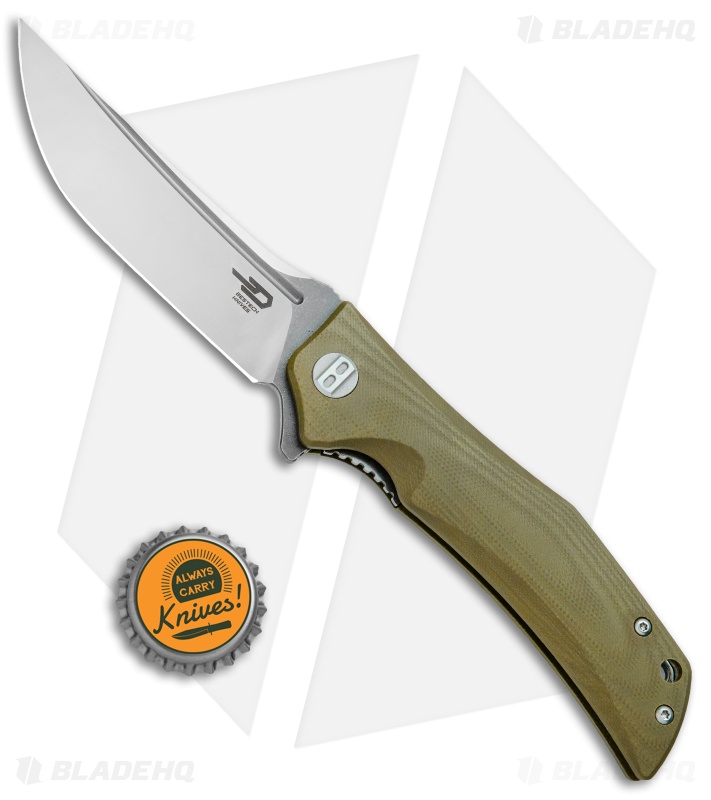 Bestech Knives Scimitar Liner Lock Knife OD Green G-10 (3.75" Satin, Gray)  