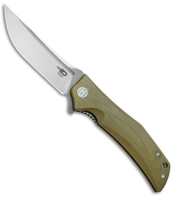 Bestech Knives Scimitar Liner Lock Knife OD Green G-10 (3.75" Satin, Gray)  