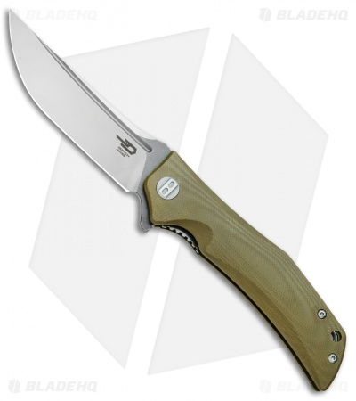 Bestech Knives Scimitar Liner Lock Knife OD Green G-10 (3.75" Satin, Gray)  
