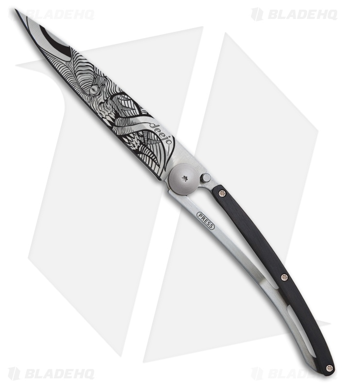 Deejo 37g Demon Tattoo Ultra-Light Frame Lock Knife Grenadilla (3.75" Gray)