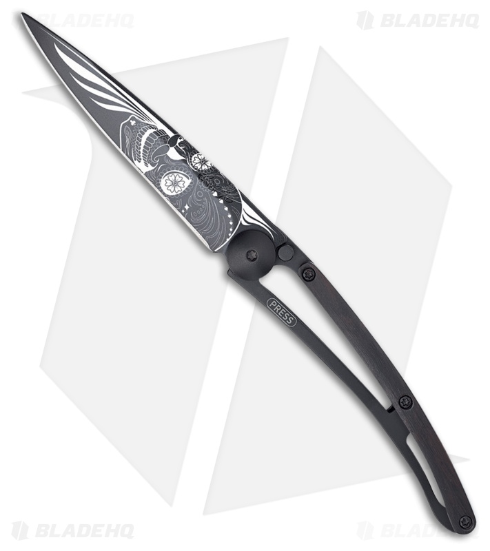 Deejo 37g Latino Skull Ultra-Light Frame Lock Knife Grenadilla (3.75" Black)