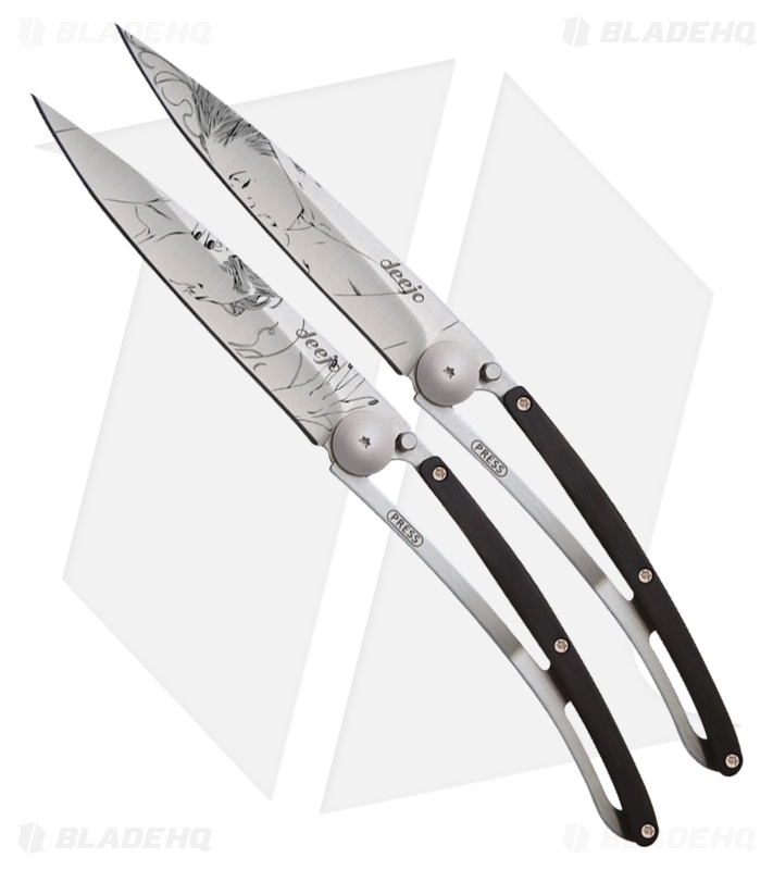Deejo The Kiss Duo Ti Art Deco Frame Lock Knives w/Black Wood Handles - Set of 2