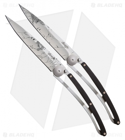Deejo The Kiss Duo Ti Art Deco Frame Lock Knives w/Black Wood Handles - Set of 2